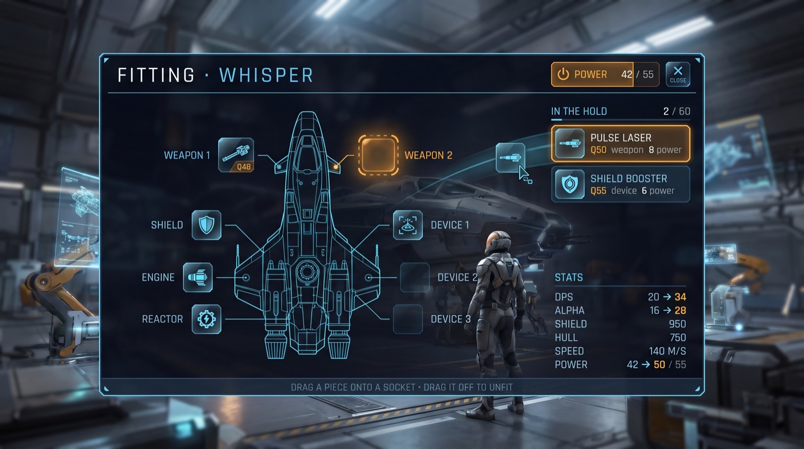 The ship fitting screen: weapon, shield, engine and reactor sockets drawing from a power budget