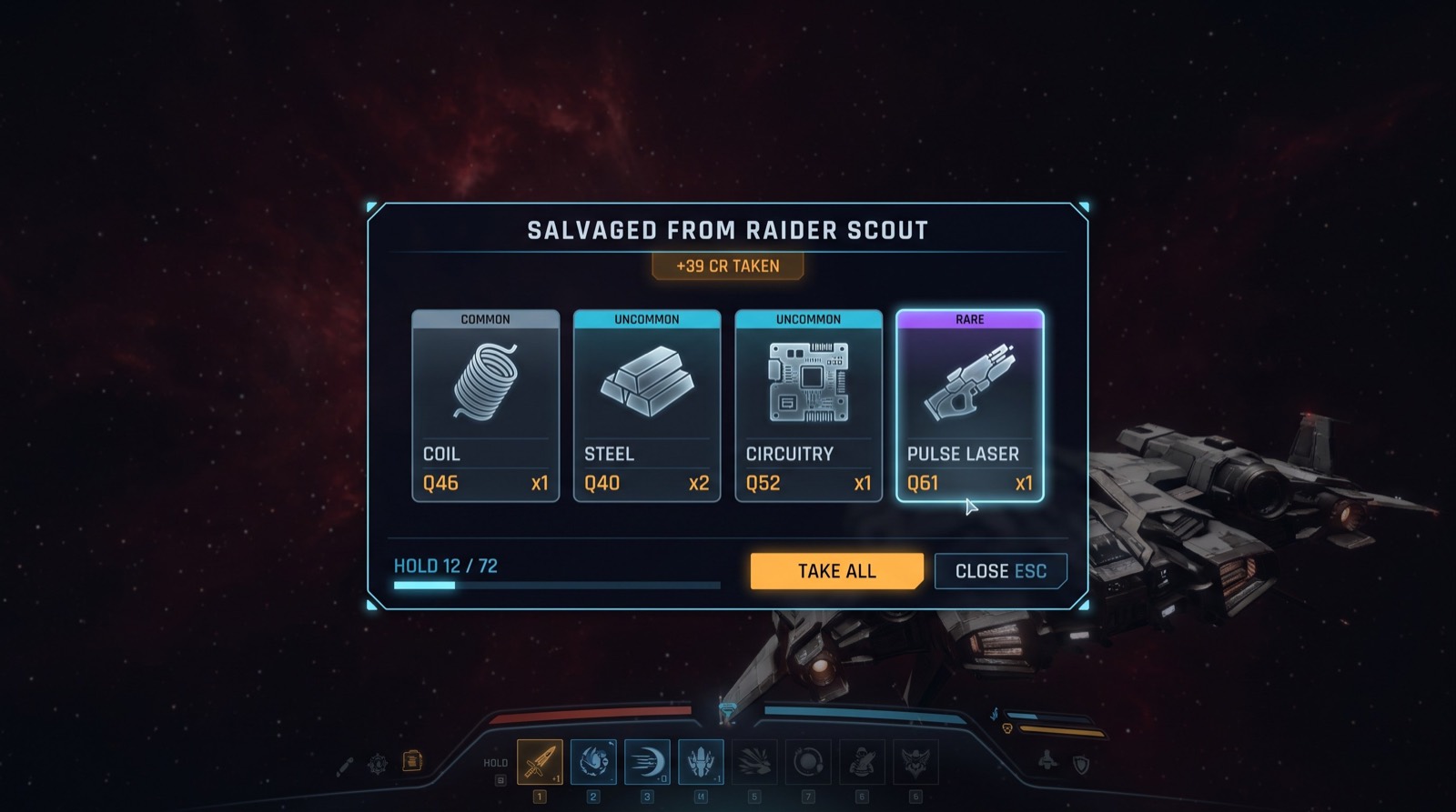 A salvage window listing common, uncommon and rare items taken from a destroyed raider