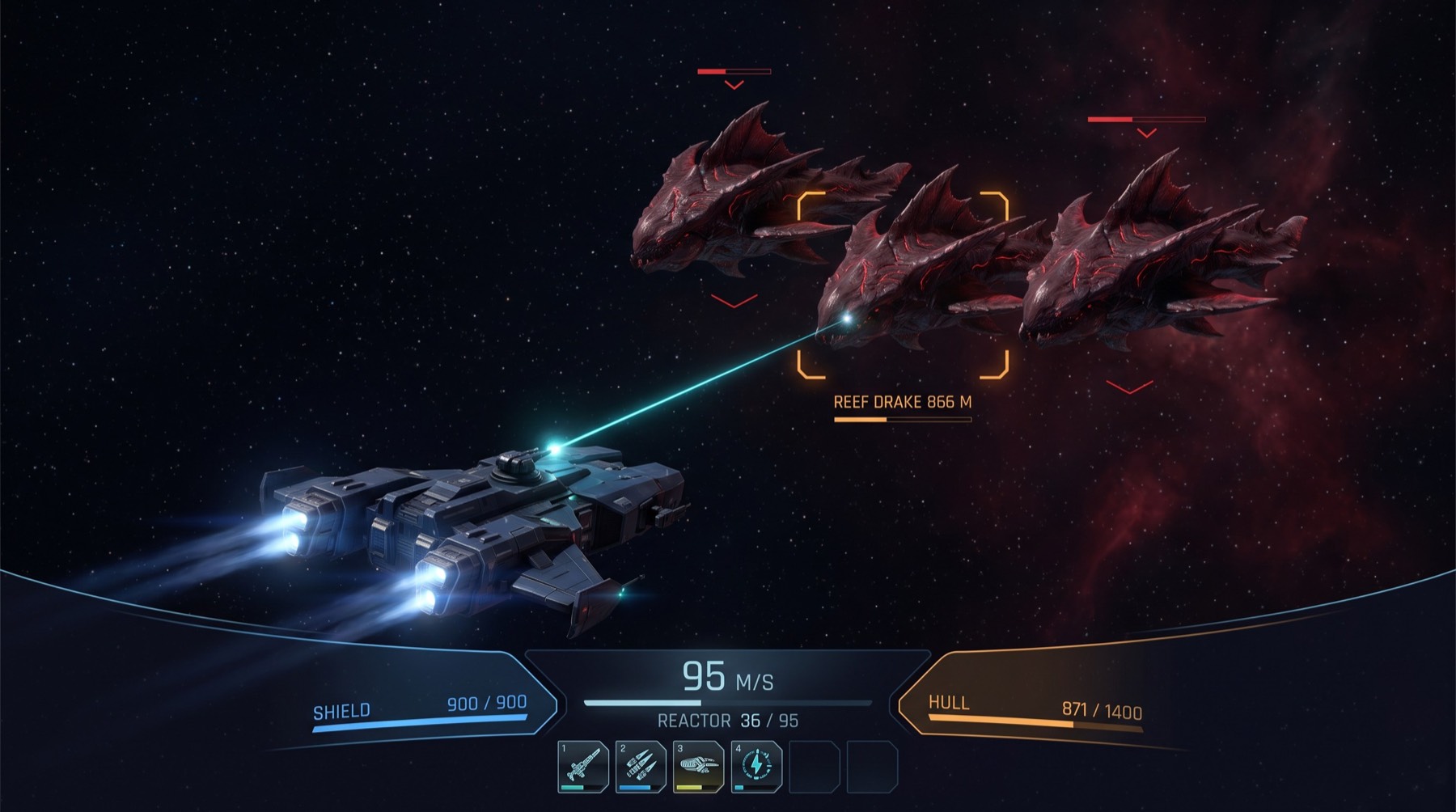 A heavy gunship firing a beam at a pack of red reef creatures in deep space